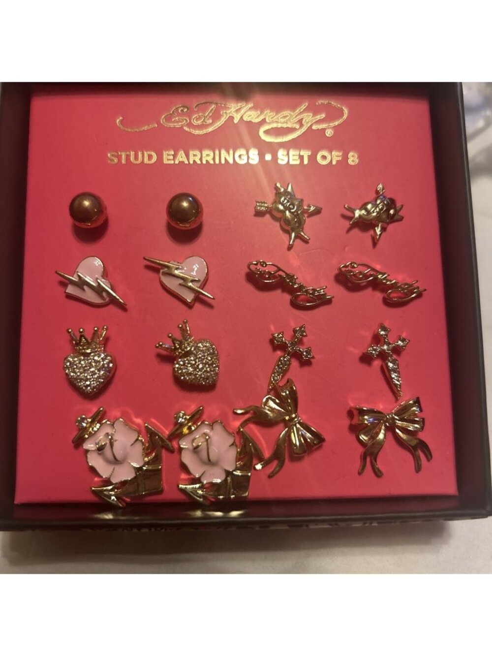 Ed Hardy Gold Tone Stud Earring Skull Cross Heart Crown Butterfly Wings Cards As